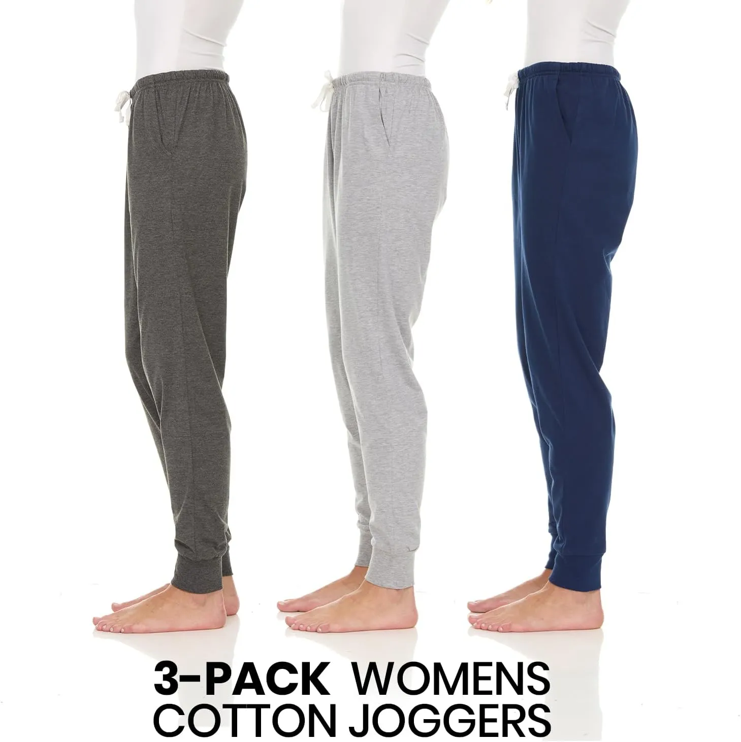 Essential Elements 3 Pack: Womens Cotton Joggers - 100% Cotton Lounge Athletic Casual Sleep Casual Pajama PJ Pants Sweatpants