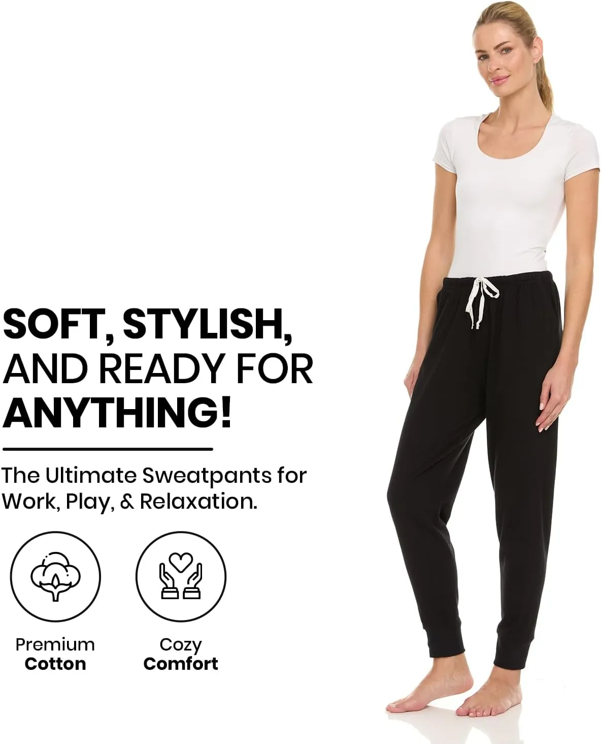 Essential Elements 3 Pack: Womens Cotton Joggers - 100% Cotton Lounge Athletic Casual Sleep Casual Pajama PJ Pants Sweatpants