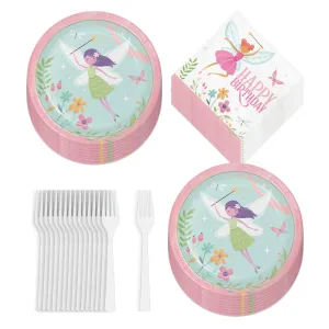 Fairy Party Supplies - Fairy Forest Paper Dinner Plates, Napkins, and Forks (Serves 16)