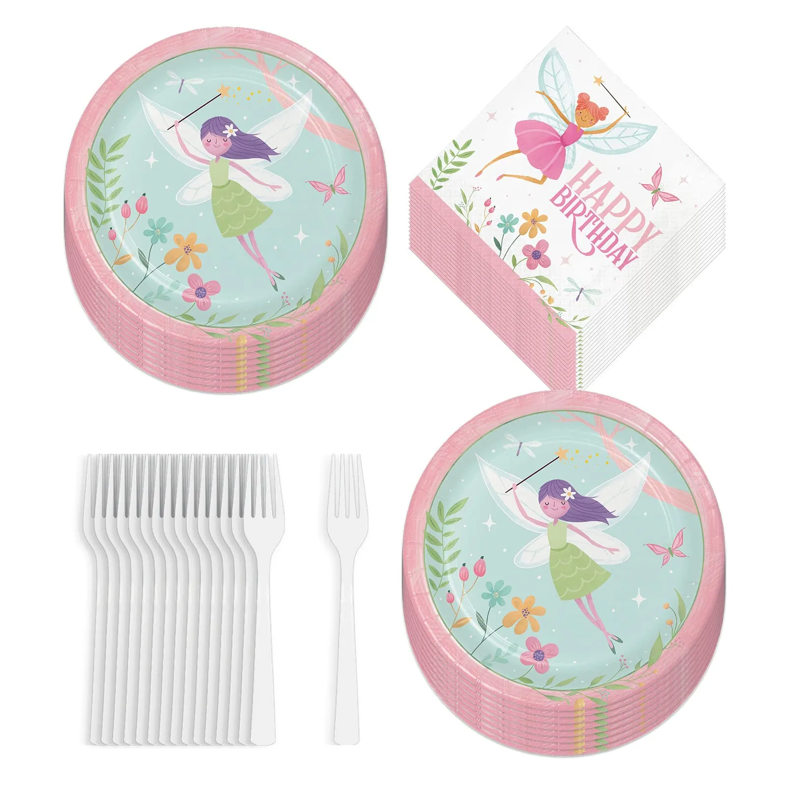 Fairy Party Supplies - Fairy Forest Paper Dinner Plates, Napkins, and Forks (Serves 16)