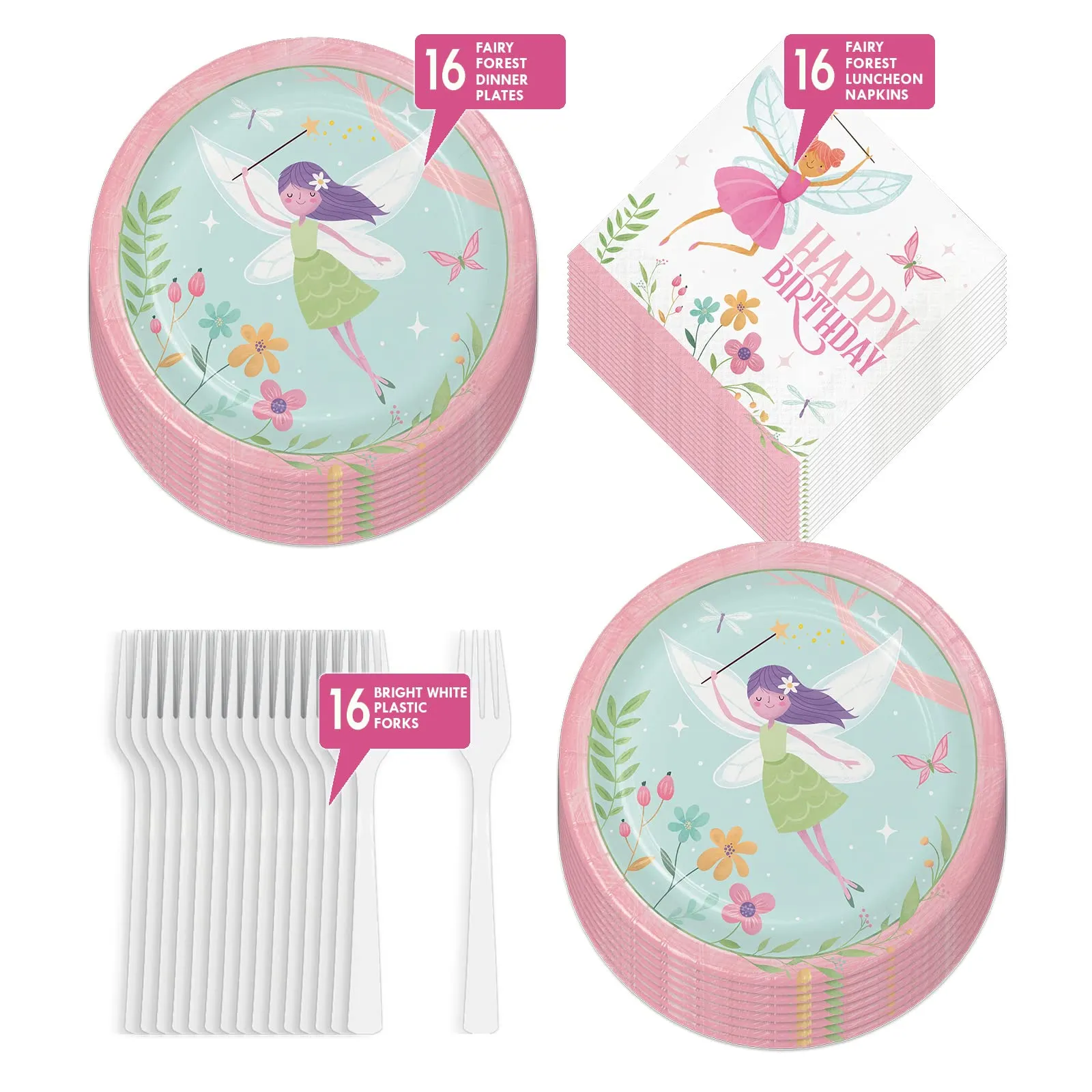 Fairy Party Supplies - Fairy Forest Paper Dinner Plates, Napkins, and Forks (Serves 16)