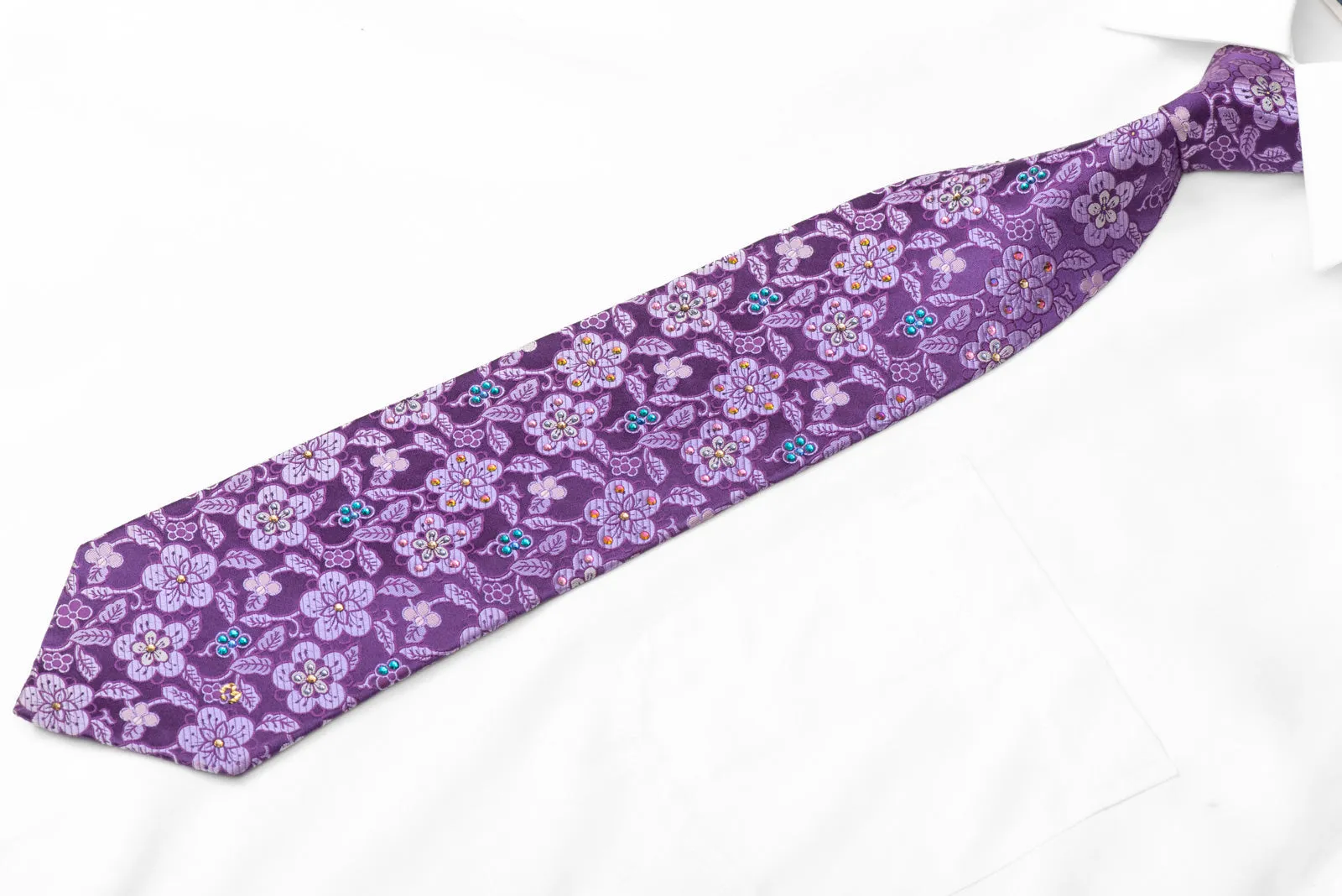 Floral On Purple Rhinestone Silk Necktie