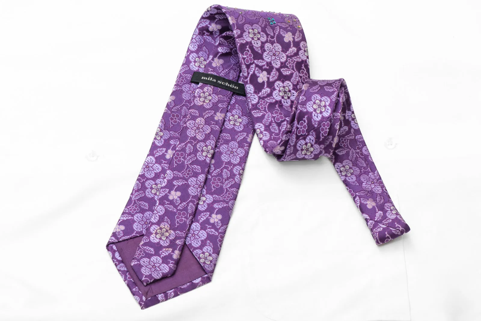 Floral On Purple Rhinestone Silk Necktie