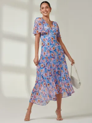 Floral Pleated Chiffon Dip Hem Dress, Blue Multi