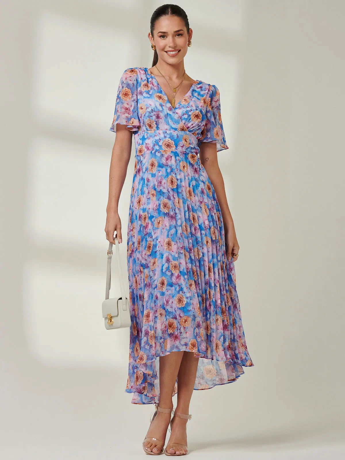 Floral Pleated Chiffon Dip Hem Dress, Blue Multi
