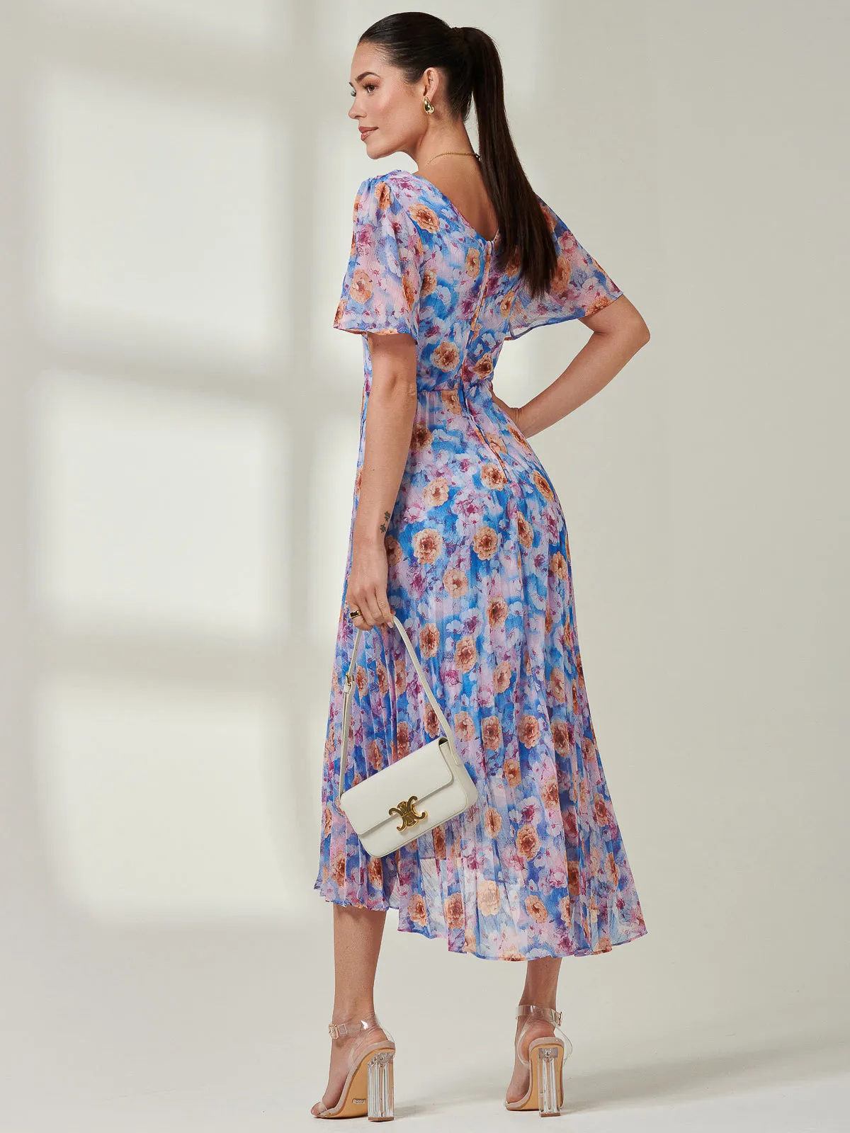 Floral Pleated Chiffon Dip Hem Dress, Blue Multi