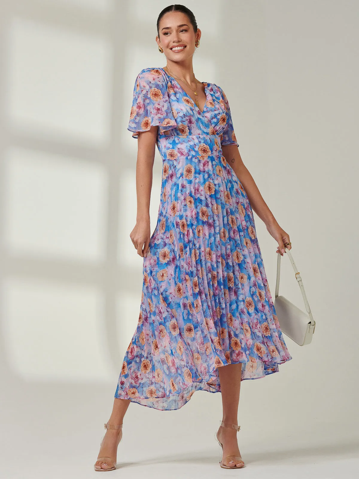Floral Pleated Chiffon Dip Hem Dress, Blue Multi