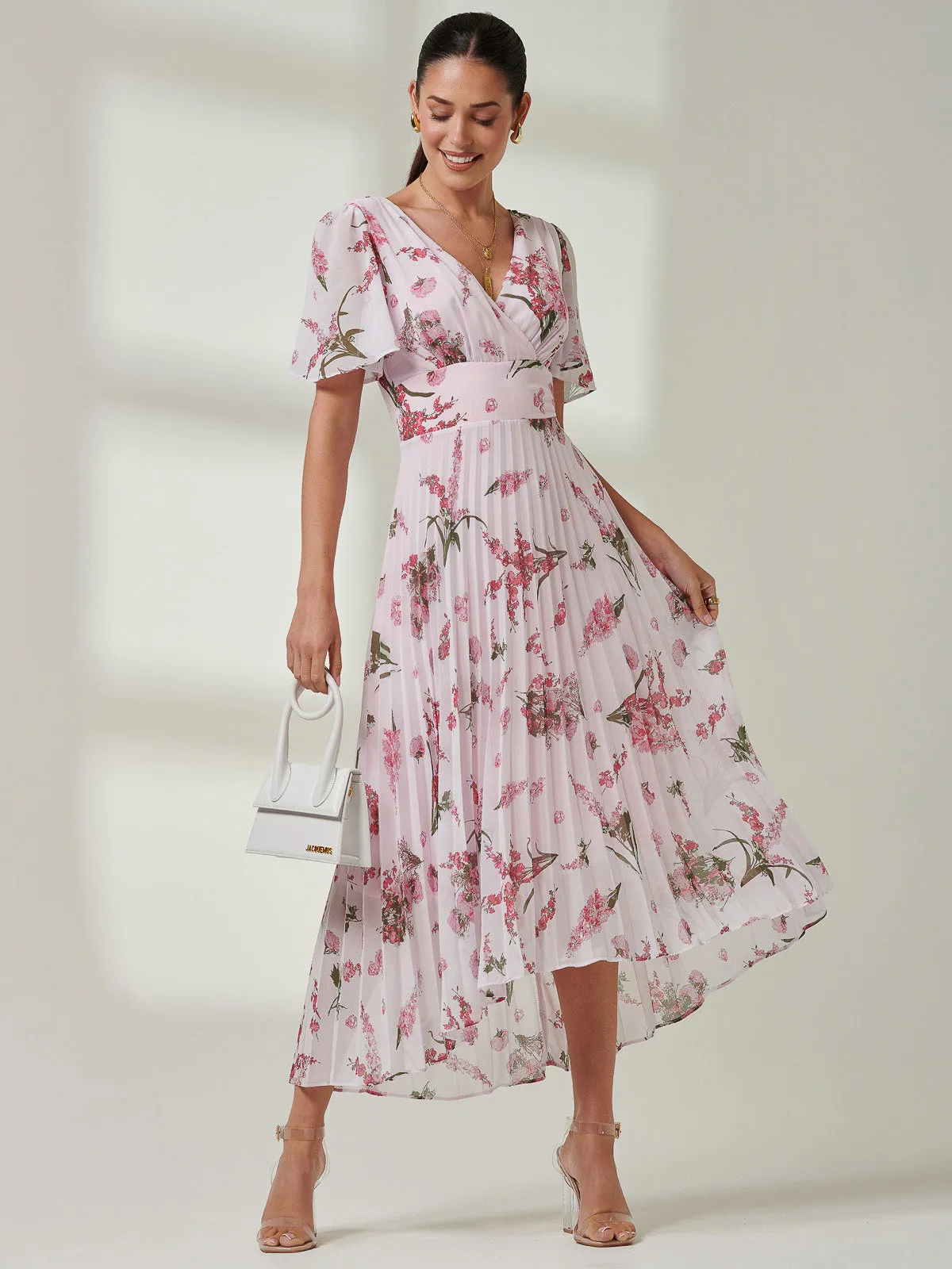 Floral Pleated Chiffon Dip Hem Dress, Pink Floral