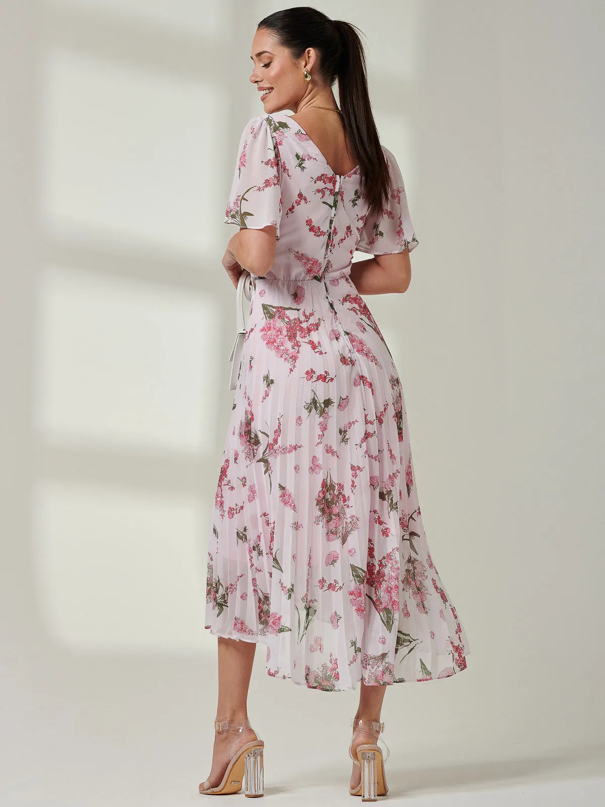 Floral Pleated Chiffon Dip Hem Dress, Pink Floral