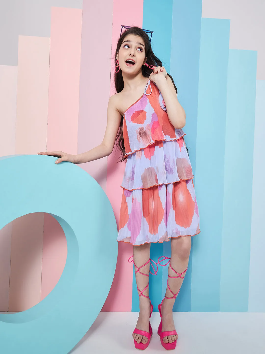Girls Abstract Printed One Shoulder Georgette A-Line Dress - PS Peaches