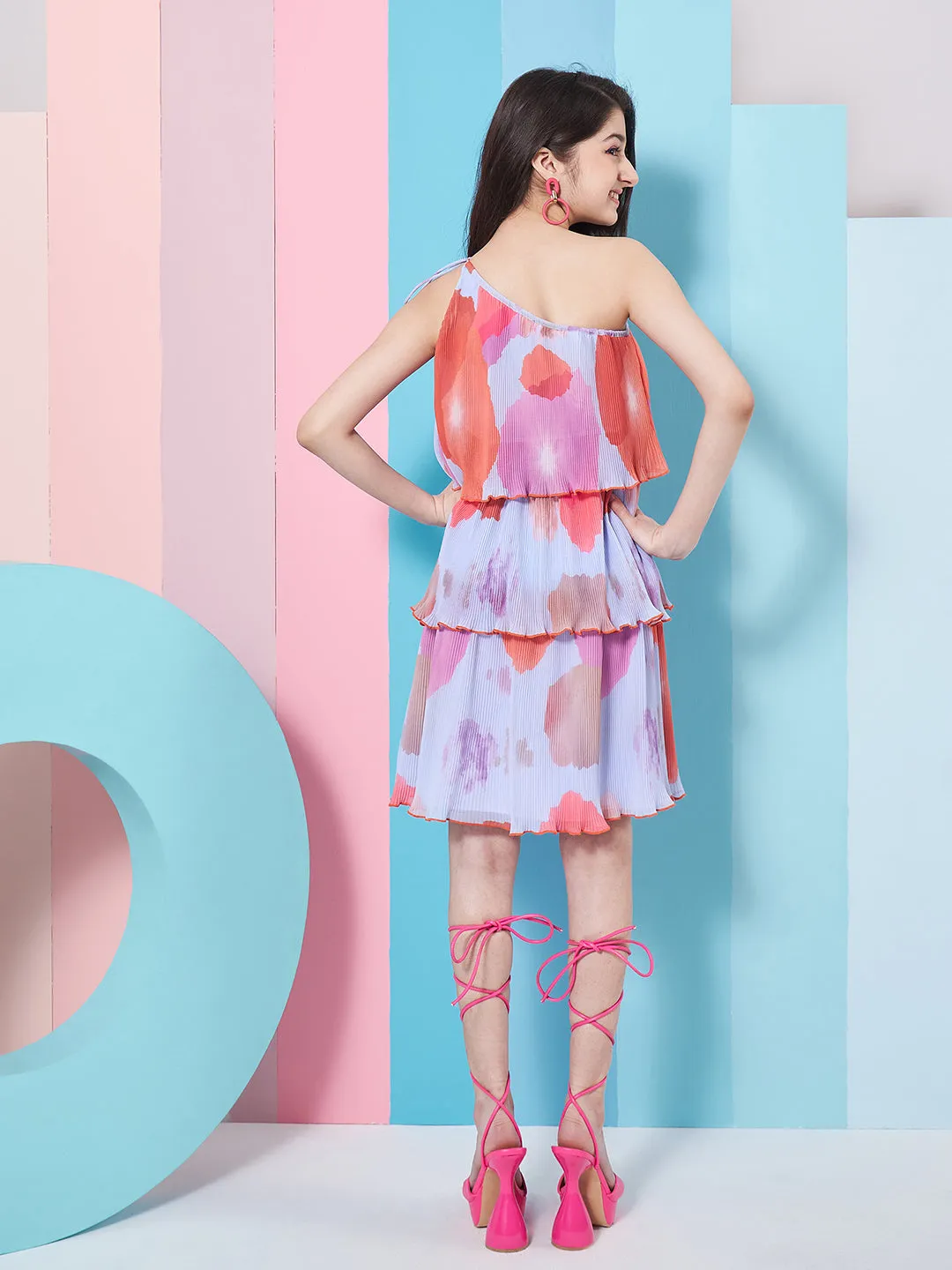 Girls Abstract Printed One Shoulder Georgette A-Line Dress - PS Peaches