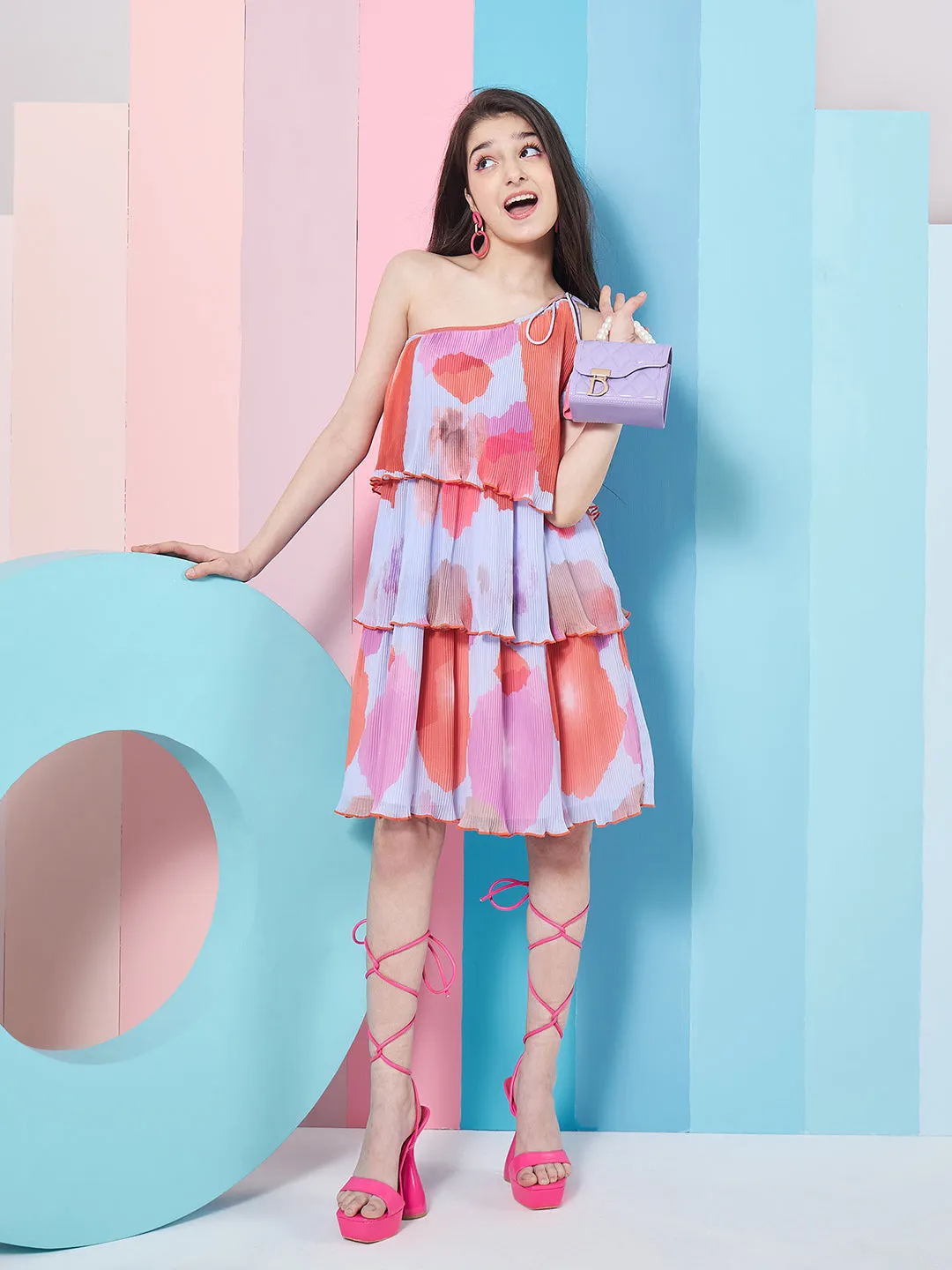 Girls Abstract Printed One Shoulder Georgette A-Line Dress - PS Peaches