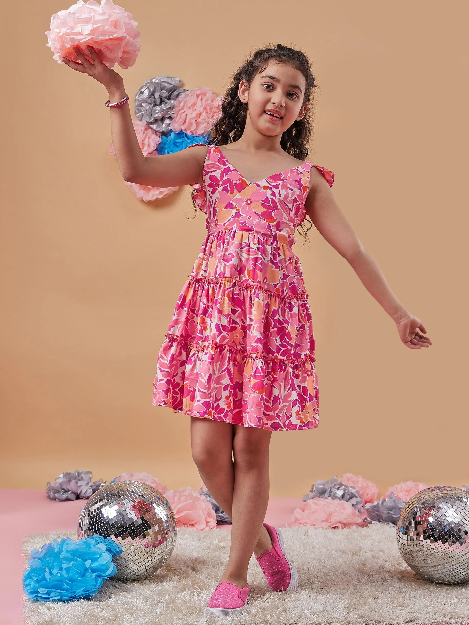 Girls Floral Print Shoulder Strap Crepe Fit Flare Dress