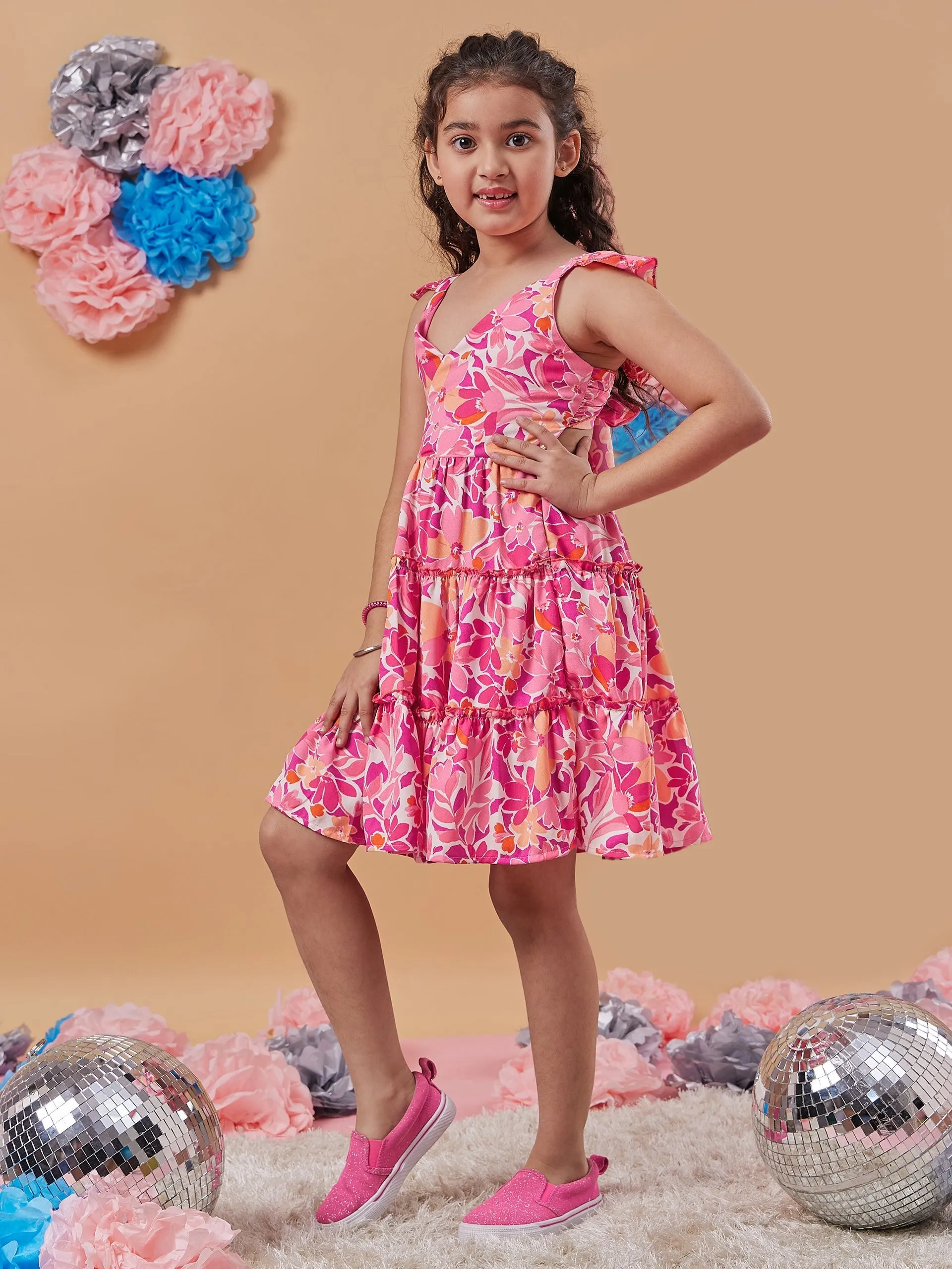 Girls Floral Print Shoulder Strap Crepe Fit Flare Dress