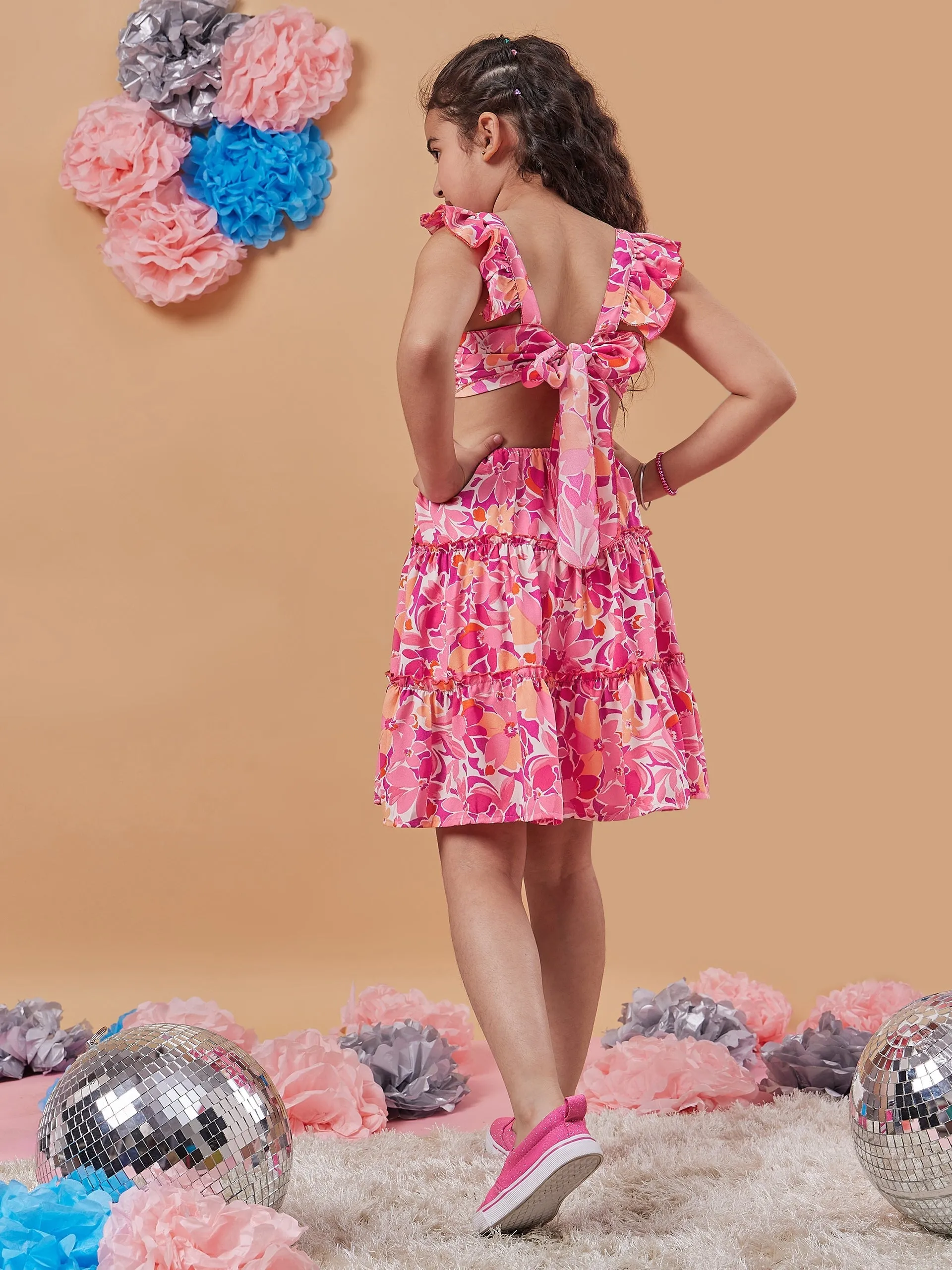 Girls Floral Print Shoulder Strap Crepe Fit Flare Dress