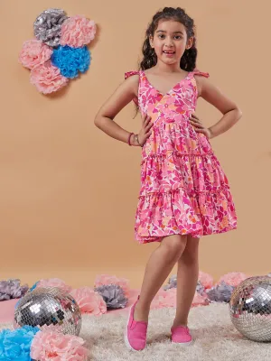 Girls Floral Print Shoulder Strap Crepe Fit Flare Dress