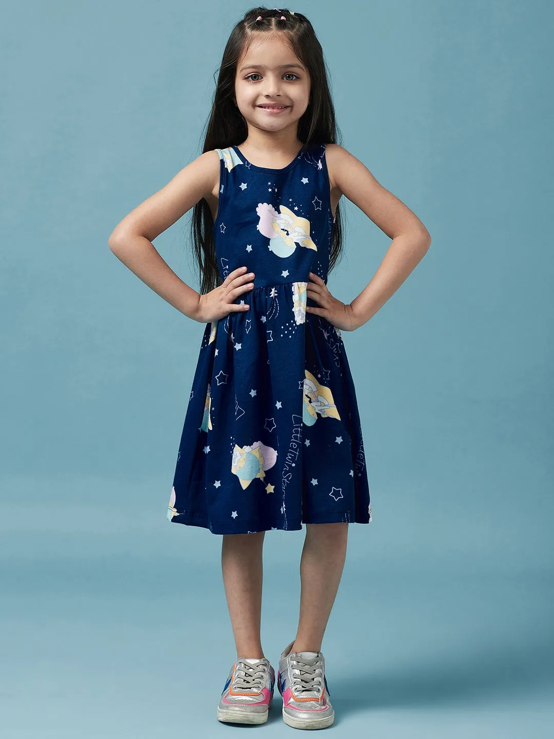 Girls Sleeveless Graphic Printed Cotton Dress - Ps Peaches