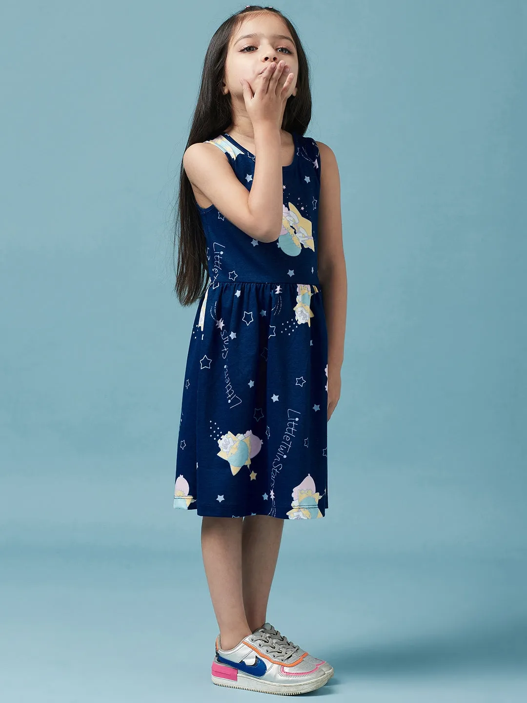 Girls Sleeveless Graphic Printed Cotton Dress - Ps Peaches