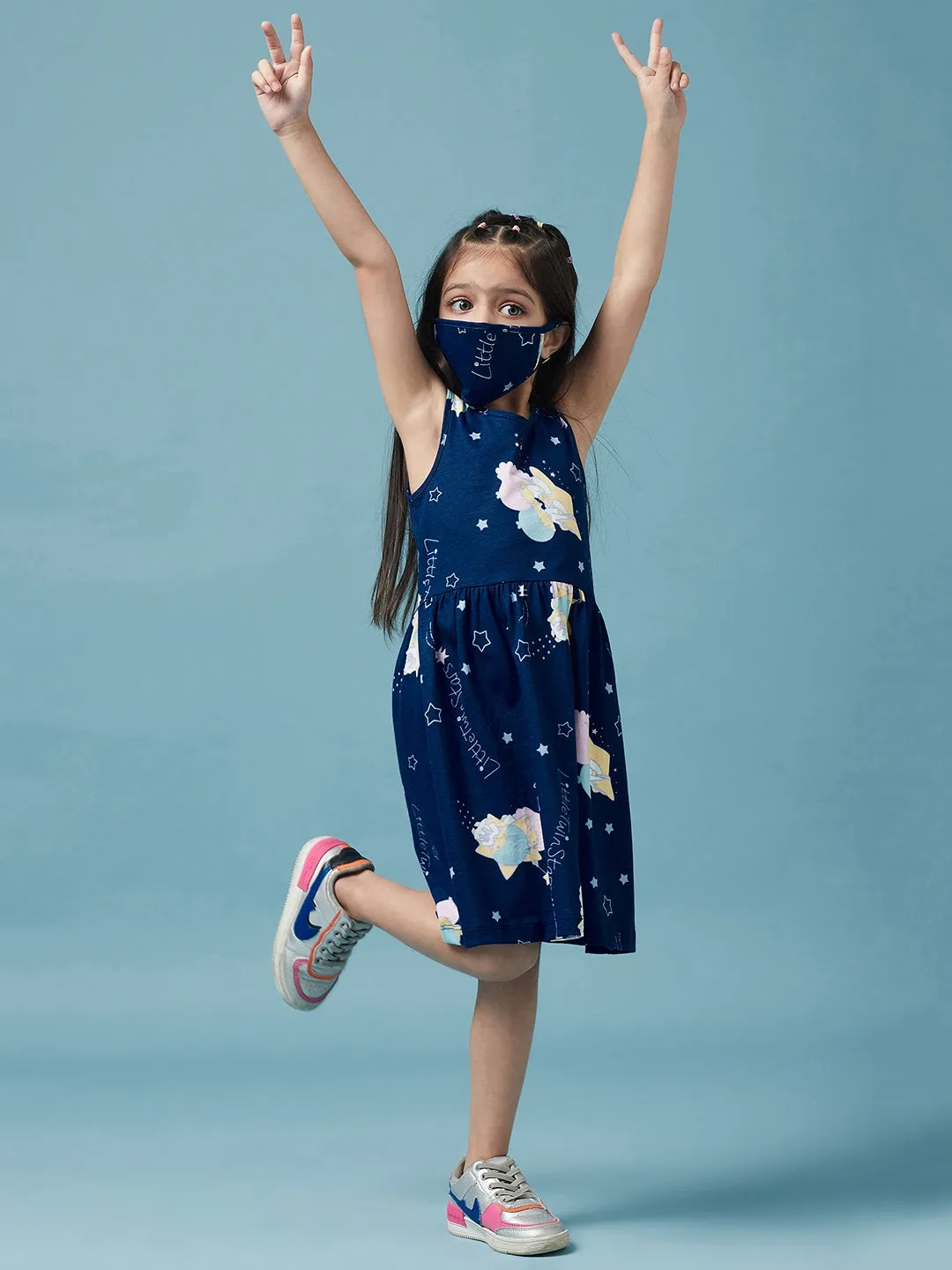 Girls Sleeveless Graphic Printed Cotton Dress - Ps Peaches