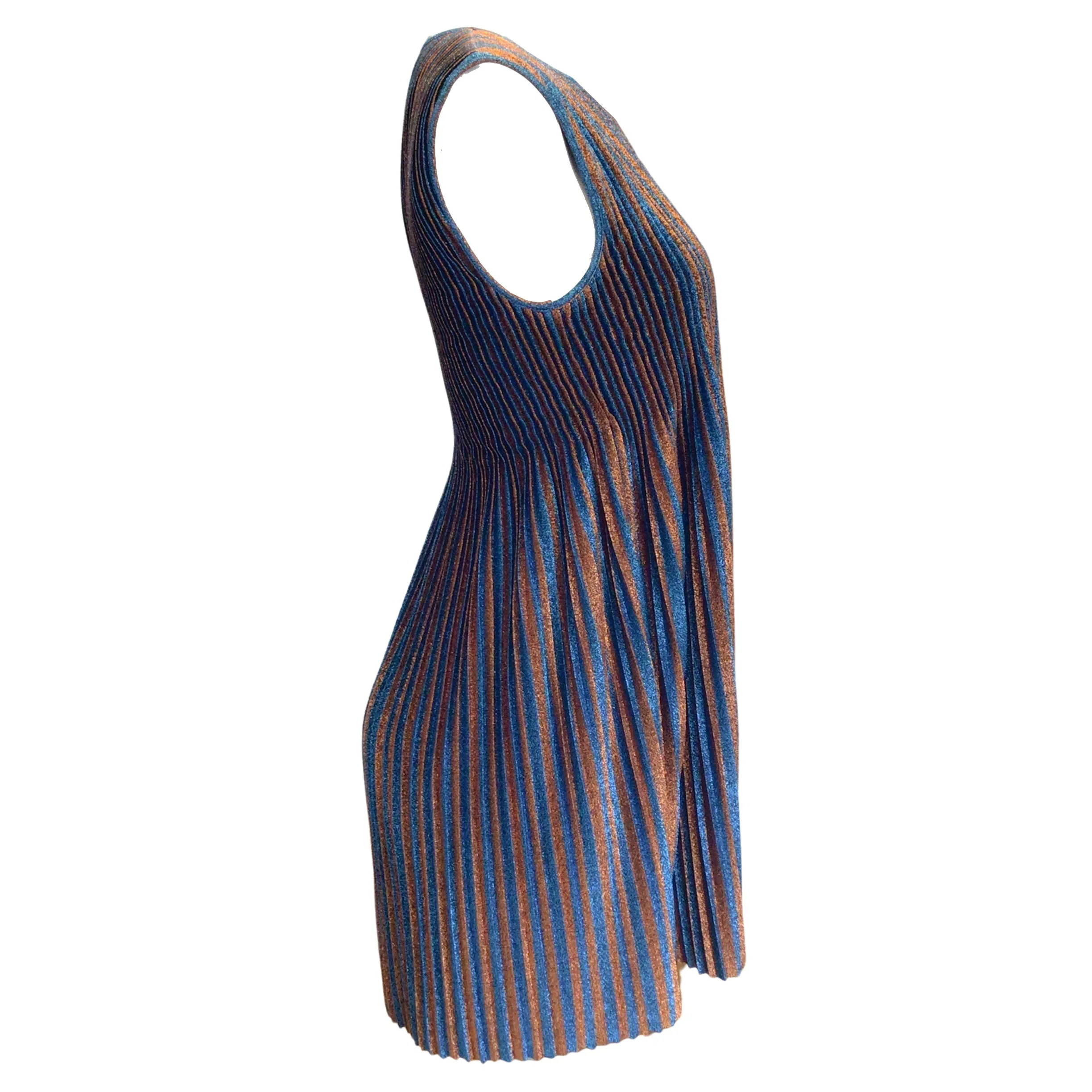 Golden Goose Blue / Bronze Metallic 2020 Astrid Pleated Striped Sleeveless Lurex Mini Dress