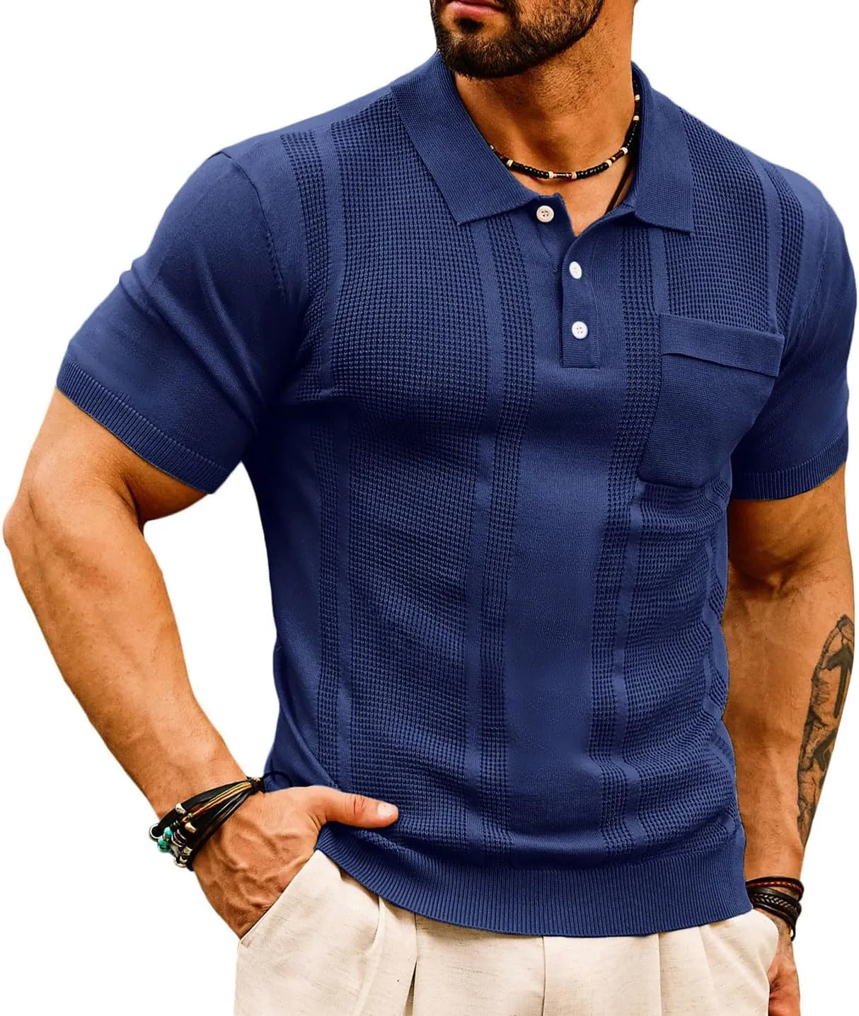 GRACE KARIN Men's Knit Polo Shirts Short Sleeve Texture Lightweight Golf Shirts Sweater