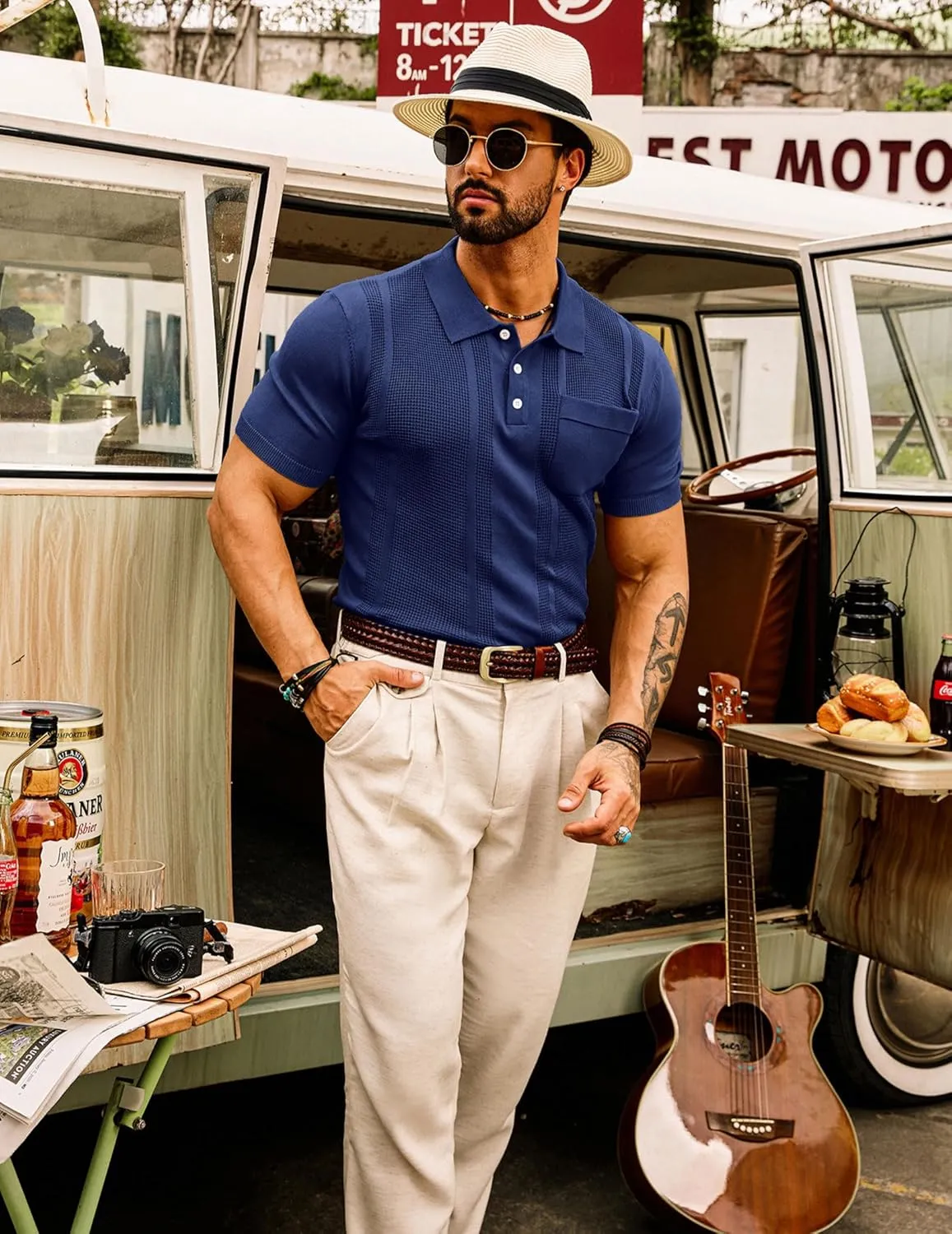 GRACE KARIN Men's Knit Polo Shirts Short Sleeve Texture Lightweight Golf Shirts Sweater