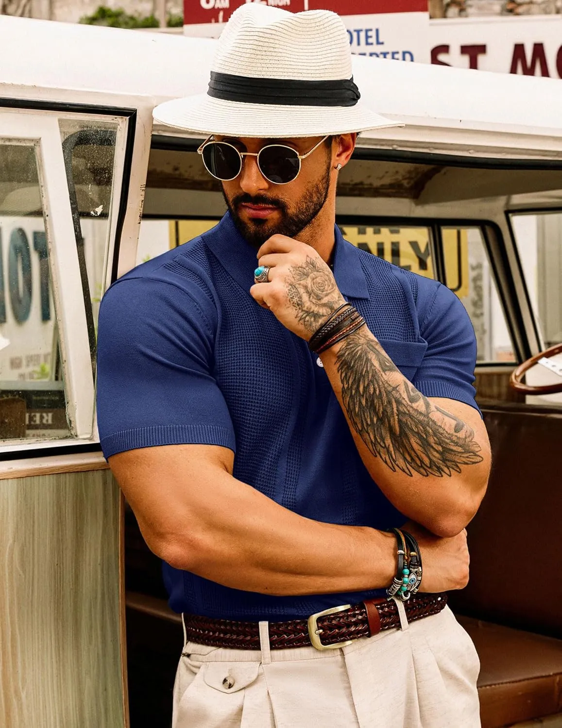 GRACE KARIN Men's Knit Polo Shirts Short Sleeve Texture Lightweight Golf Shirts Sweater