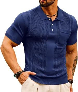 GRACE KARIN Men's Knit Polo Shirts Short Sleeve Texture Lightweight Golf Shirts Sweater