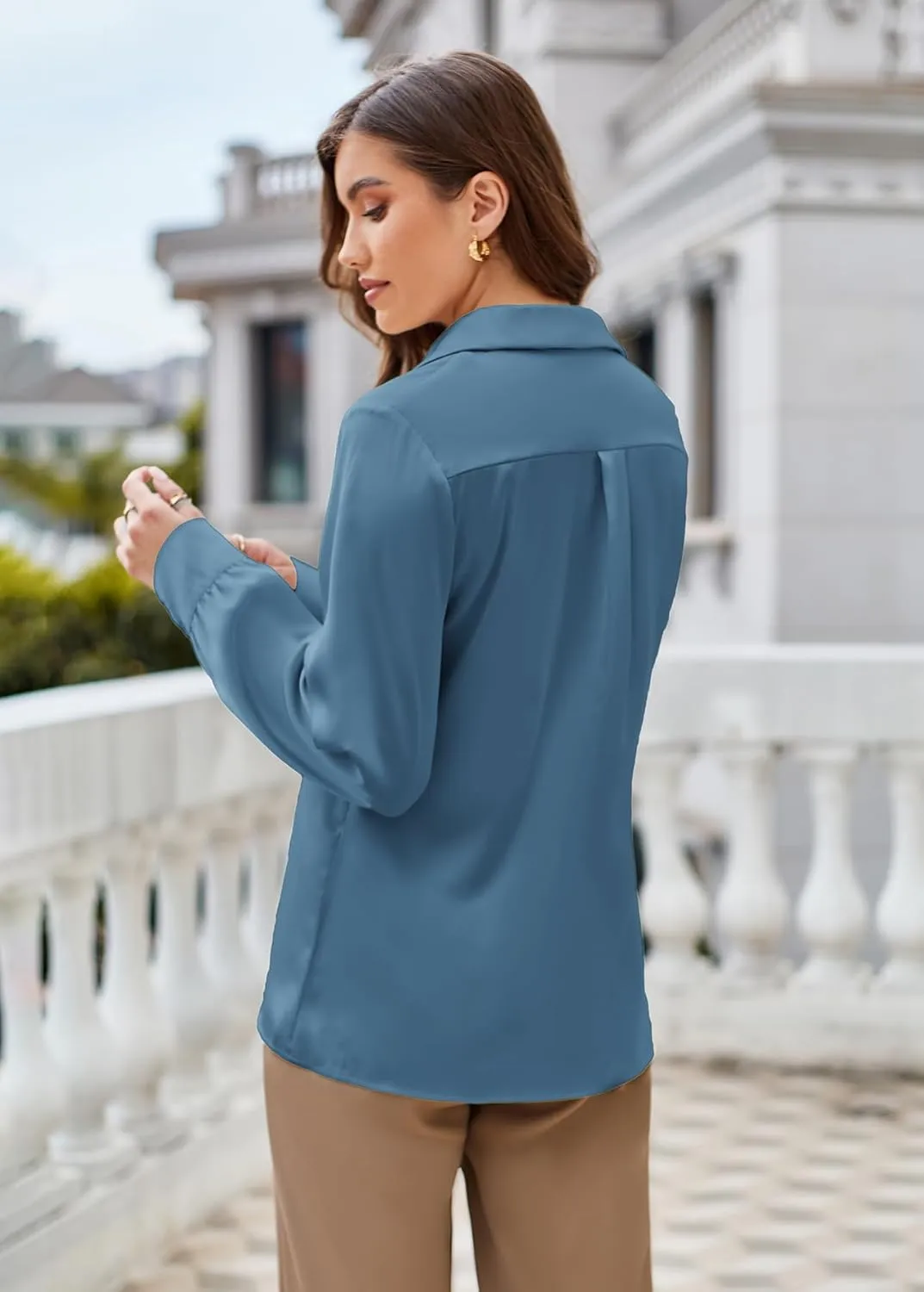 GRACE KARIN Women's Satin Silk Blouse Lapel V Neck Long Sleeve Casual Work Blouse Shirts Pullover Tops