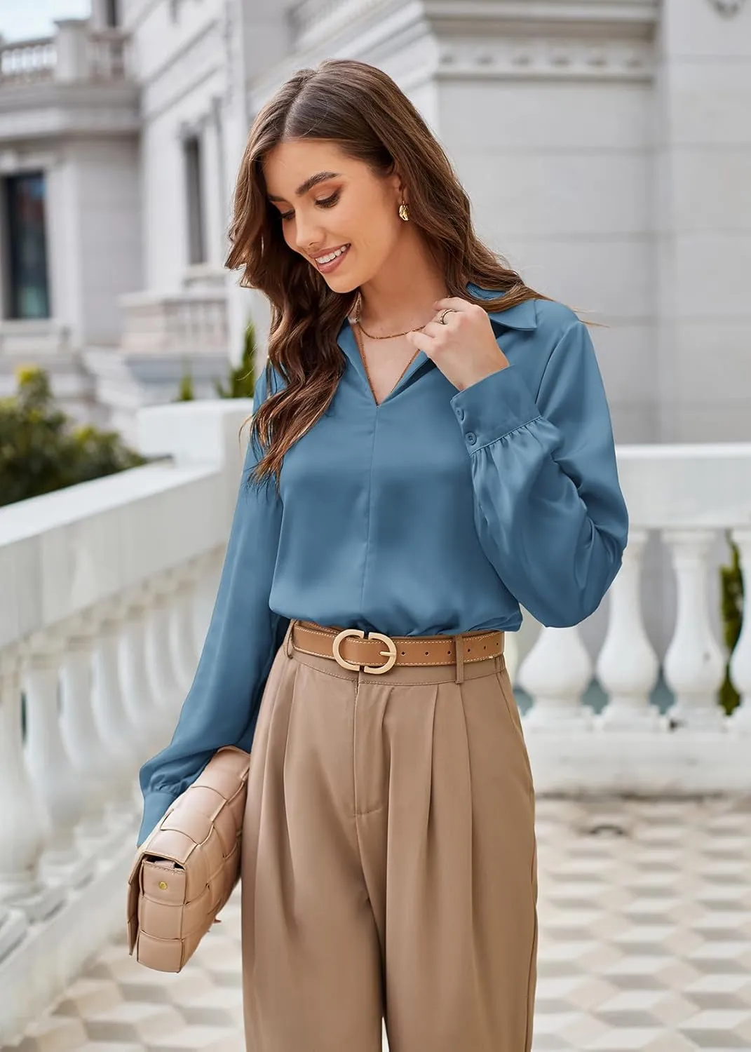 GRACE KARIN Women's Satin Silk Blouse Lapel V Neck Long Sleeve Casual Work Blouse Shirts Pullover Tops