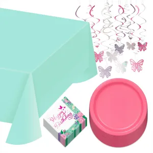 Happy Birthday Butterfly Fairy Party Paper Dinner Plates, Napkins, Table Cover, and Hanging Cutouts in Pink, Purple, and Mint (Serves 16)