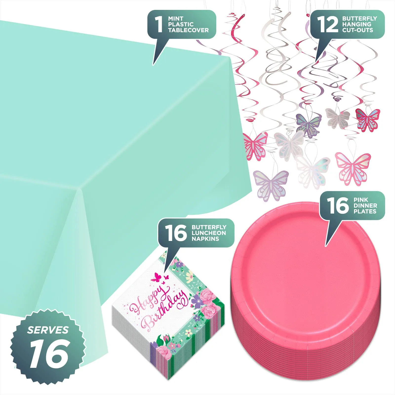 Happy Birthday Butterfly Fairy Party Paper Dinner Plates, Napkins, Table Cover, and Hanging Cutouts in Pink, Purple, and Mint (Serves 16)
