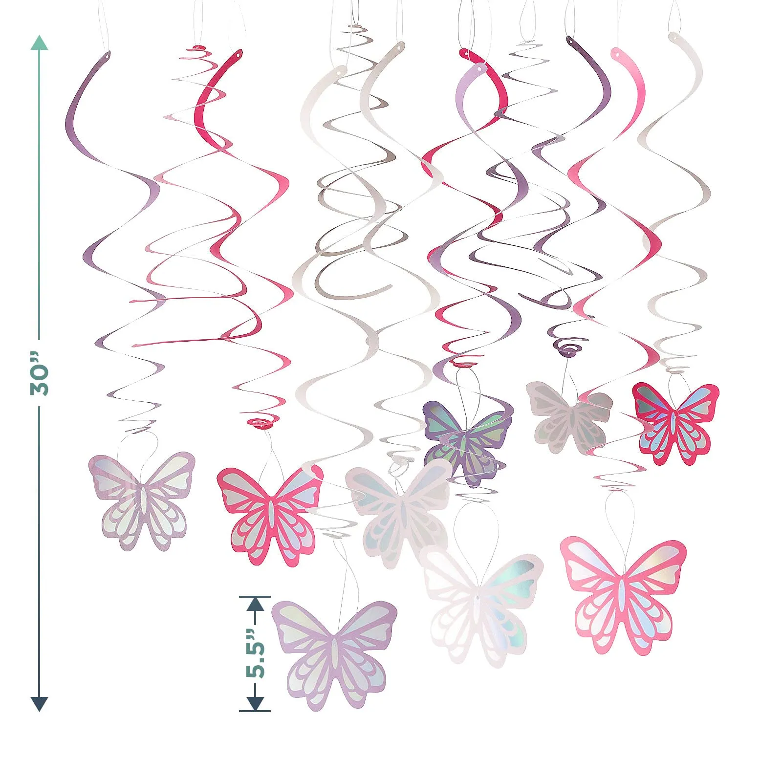 Happy Birthday Butterfly Fairy Party Paper Dinner Plates, Napkins, Table Cover, and Hanging Cutouts in Pink, Purple, and Mint (Serves 16)