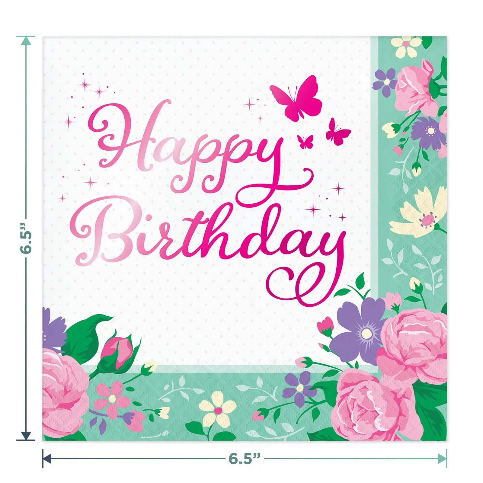 Happy Birthday Butterfly Fairy Party Paper Dinner Plates, Napkins, Table Cover, and Hanging Cutouts in Pink, Purple, and Mint (Serves 16)