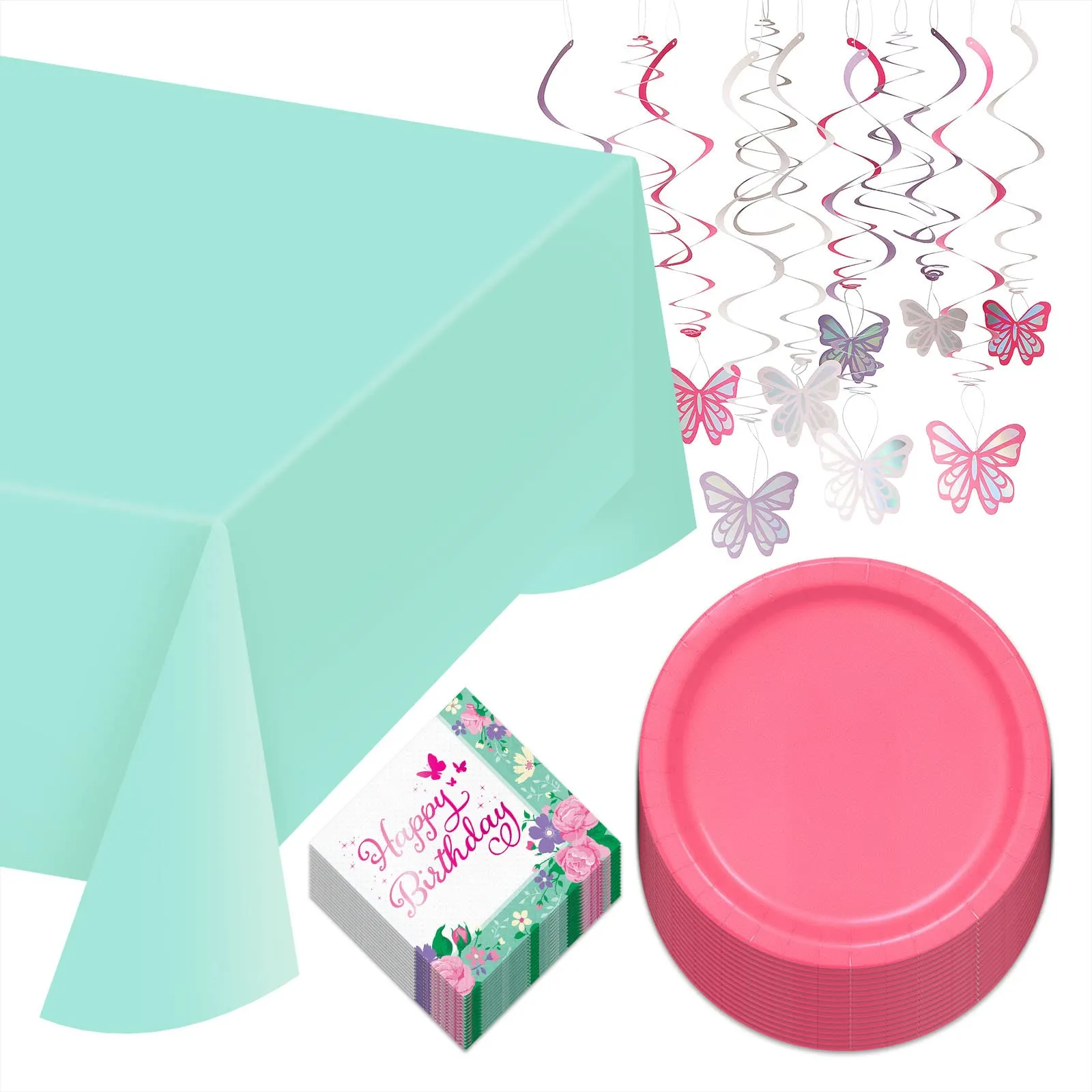 Happy Birthday Butterfly Fairy Party Paper Dinner Plates, Napkins, Table Cover, and Hanging Cutouts in Pink, Purple, and Mint (Serves 16)