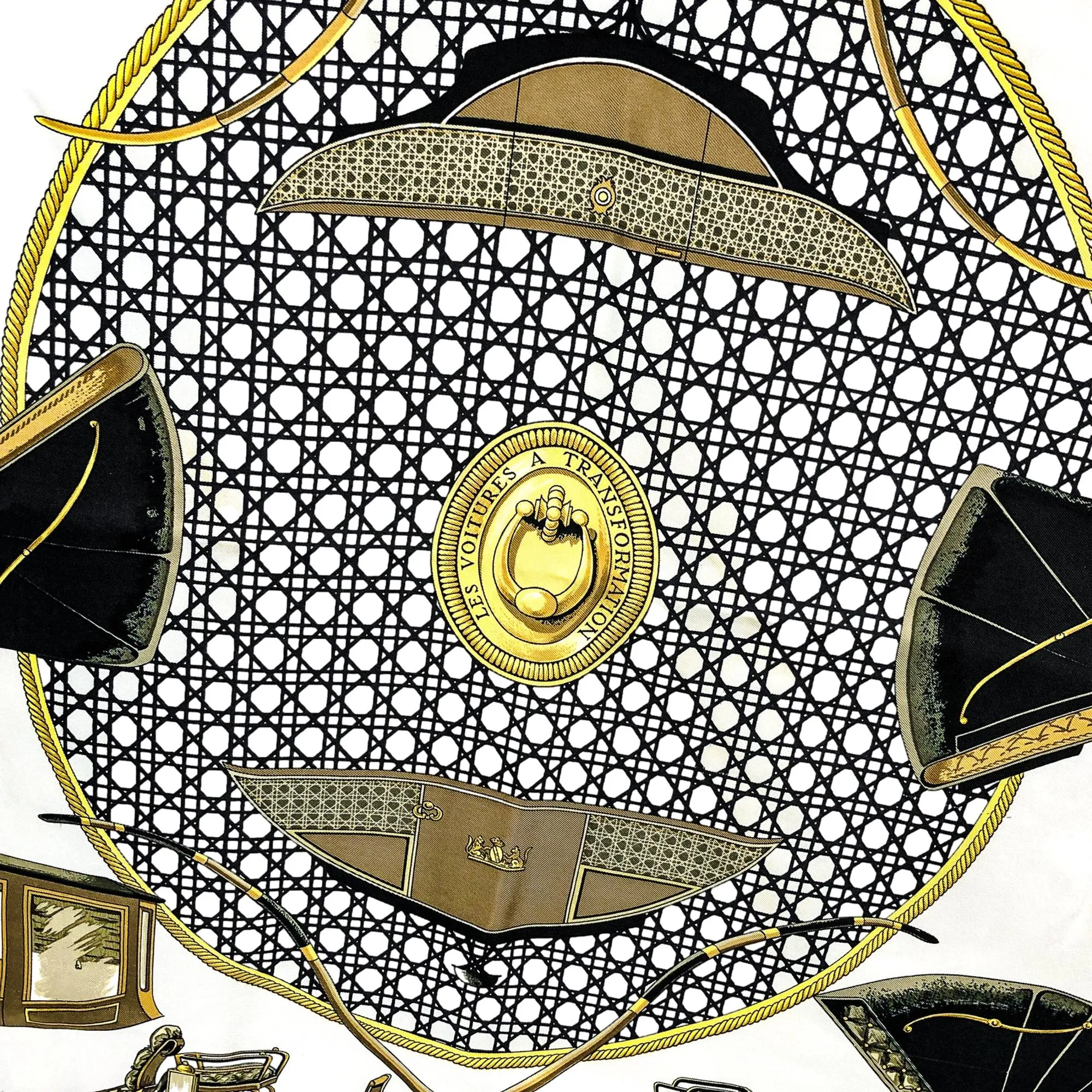 Hermes Les Voitures A Transformation Black and Gold Carriages Silk Scarf