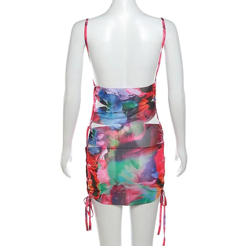 Hollow out flower print drawstring contrast cami cut out mini dress
