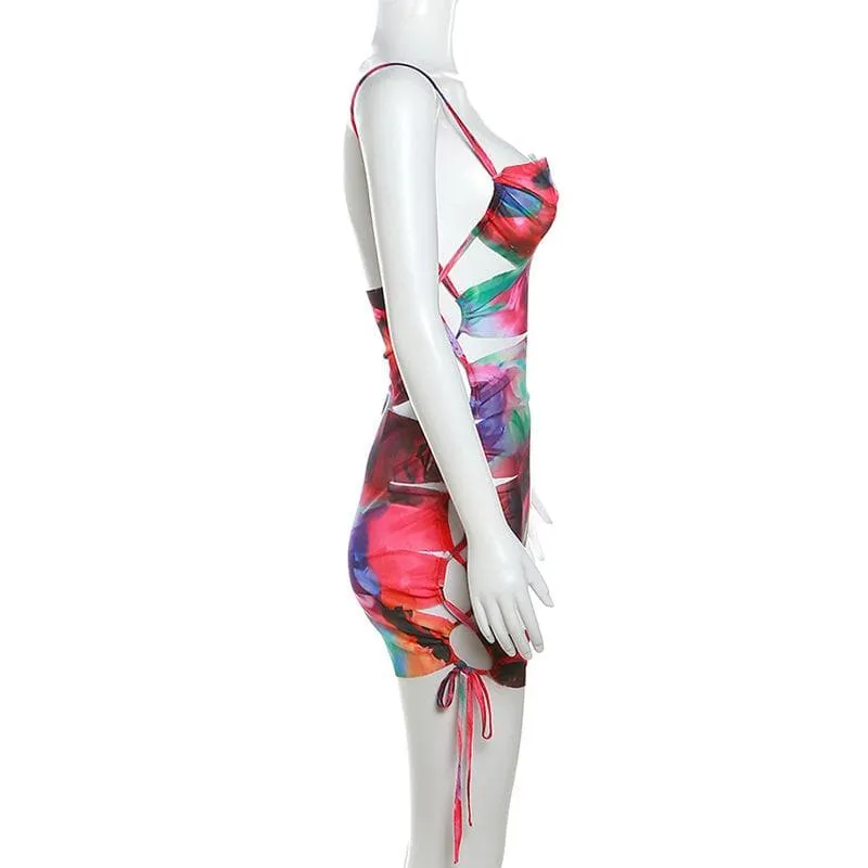 Hollow out flower print drawstring contrast cami cut out mini dress