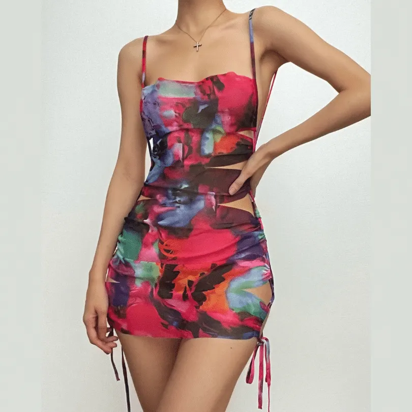 Hollow out flower print drawstring contrast cami cut out mini dress