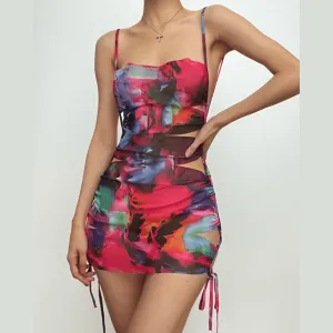 Hollow out flower print drawstring contrast cami cut out mini dress