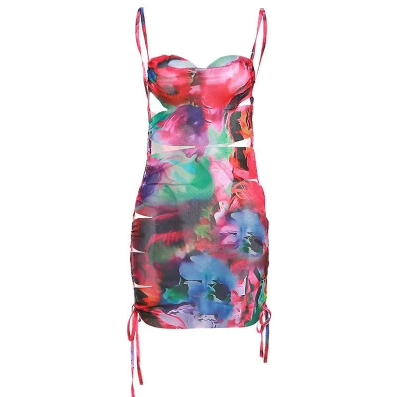 Hollow out flower print drawstring contrast cami cut out mini dress
