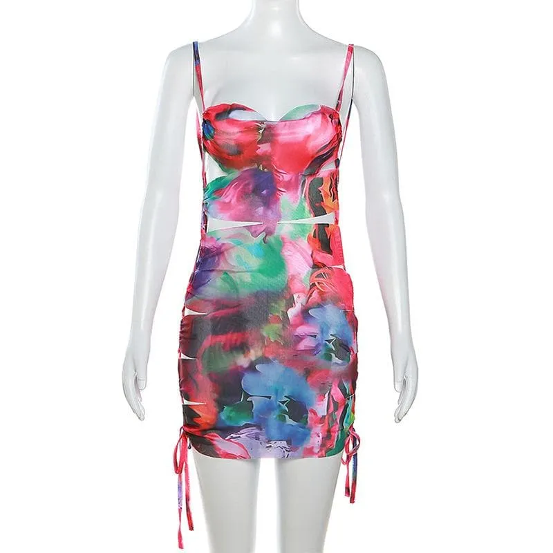 Hollow out flower print drawstring contrast cami cut out mini dress