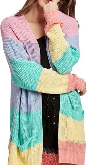 ikasus 2023 Fall Winter Women's Open Front Cardigan Rainbows Striped Long Sleeve Coat Long Knit Cardigan Sweater Outwear, Pink L