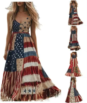 Independence Day Dress for Womens 4th of July American Flag Patchwork Stripes Sleeveless Waist Cinching Maxi Dresses