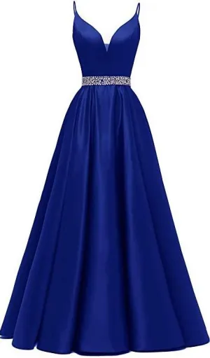 kamahe A-line Royal Blue Prom Dresses, Satin Prom Dress With Beading
