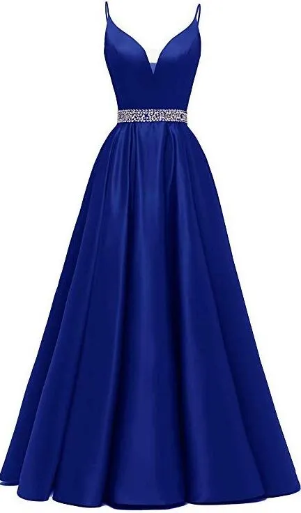 kamahe A-line Royal Blue Prom Dresses, Satin Prom Dress With Beading
