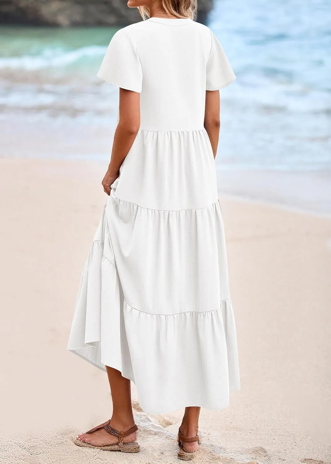 KIRUNDO Summer Maxi Dresses for Women 2025 Spring Fashion Short Sleeve Button V Neck Pleated Loose Tiered Swing Flowy Dress
