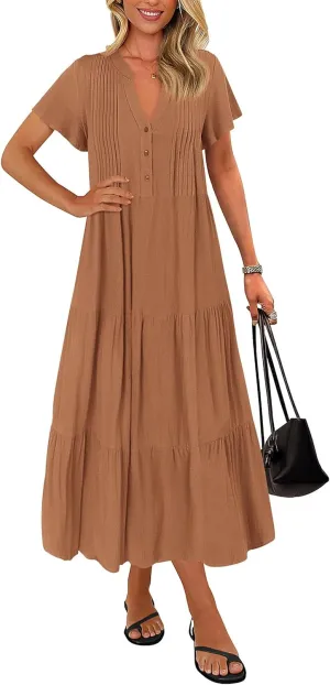 KIRUNDO Summer Maxi Dresses for Women 2025 Spring Fashion Short Sleeve Button V Neck Pleated Loose Tiered Swing Flowy Dress