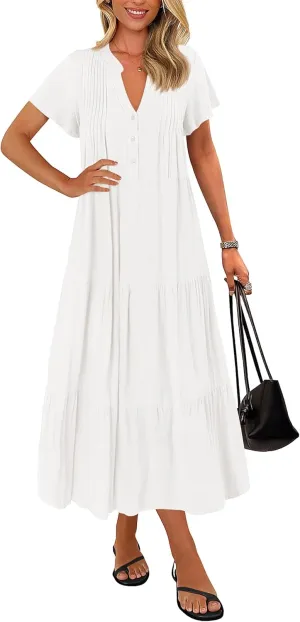 KIRUNDO Summer Maxi Dresses for Women 2025 Spring Fashion Short Sleeve Button V Neck Pleated Loose Tiered Swing Flowy Dress