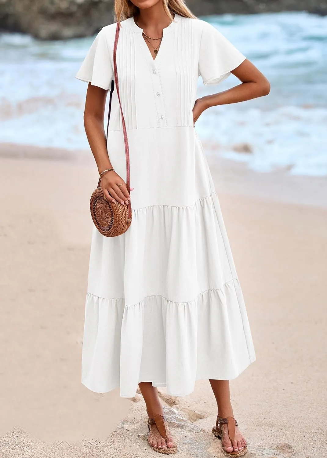 KIRUNDO Summer Maxi Dresses for Women 2025 Spring Fashion Short Sleeve Button V Neck Pleated Loose Tiered Swing Flowy Dress